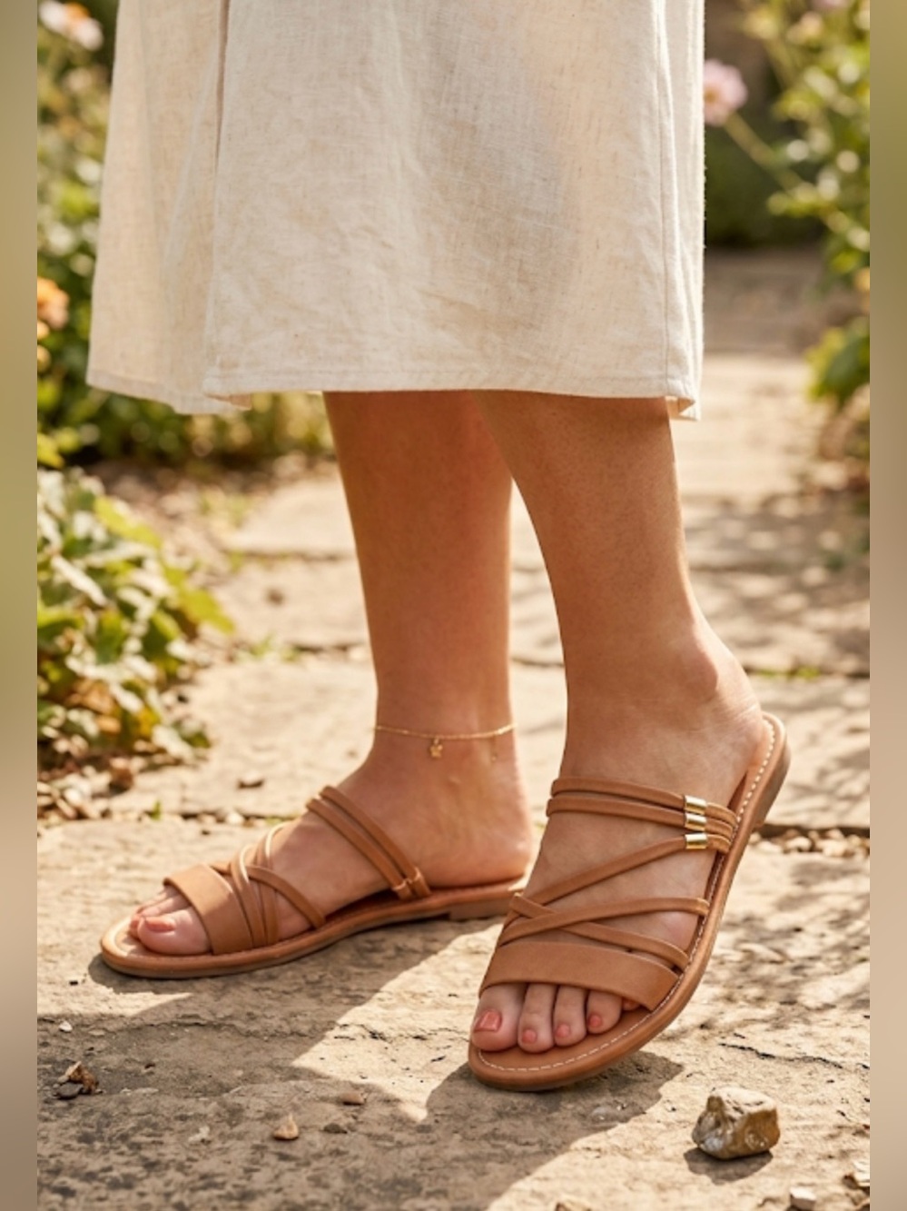 Women's Tan Strappy Slide Sandals